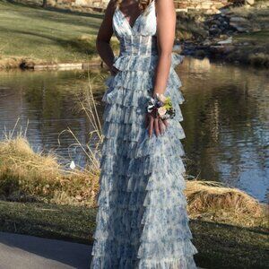 PROM Dress - Beautiful Floral Blue and White Ruffled